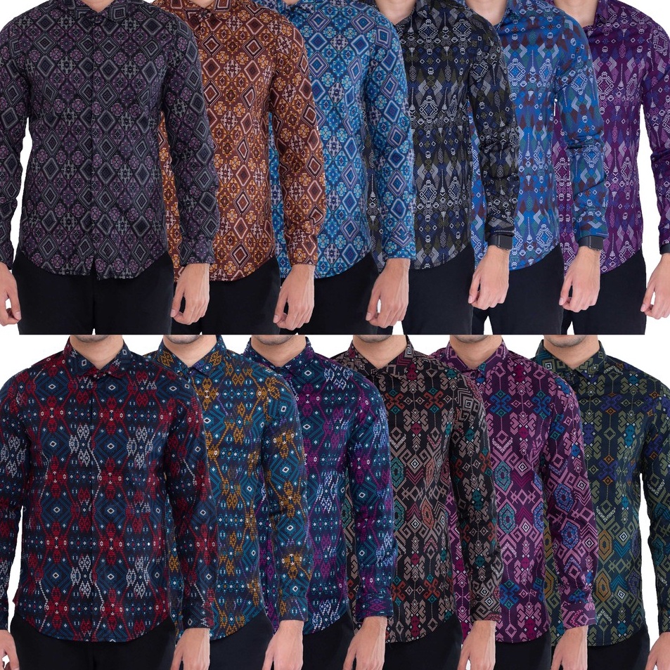 Paket Terkini  Atasan Pria Kemeja Batik Lengan Panjang All Motif Hitam Merah Ungu Slimfit Grosir