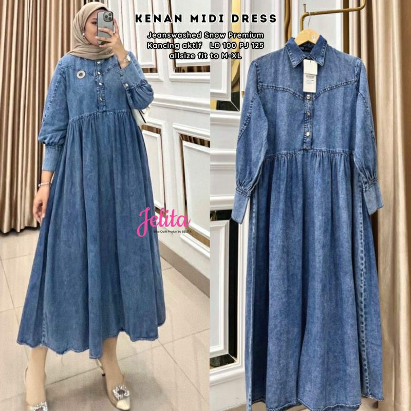 Neww Kenan Midi Dress Maxy Gamis Hitam Jeans Snow Ld 100 Fit XL Busui Kancing Aktif By Jelita