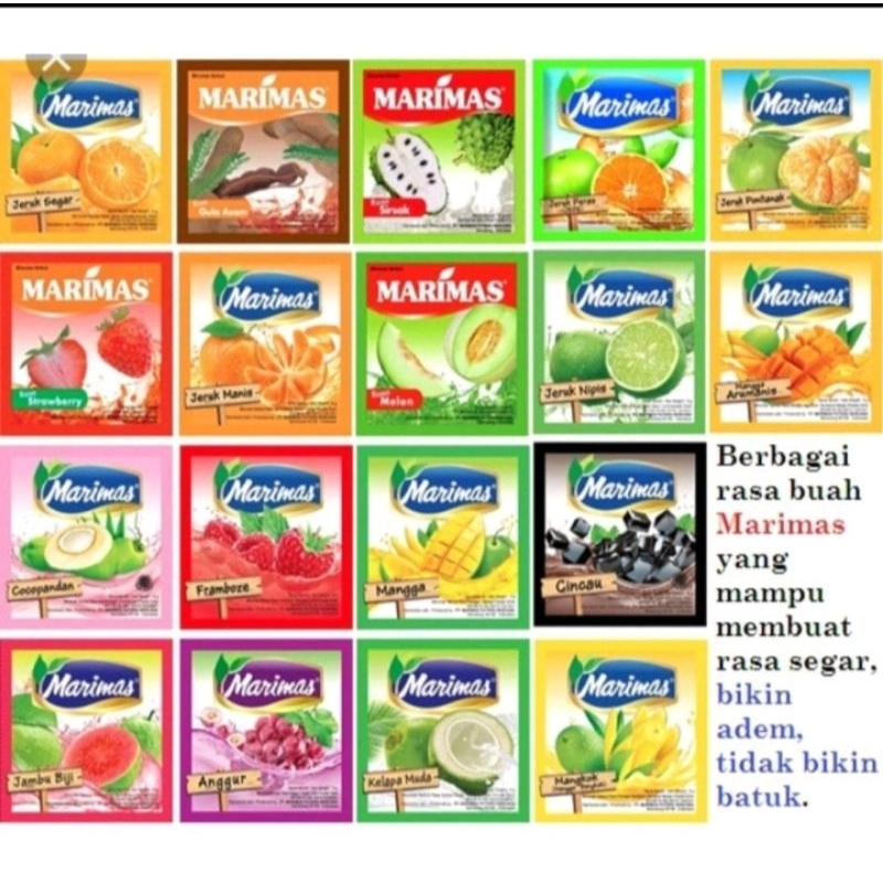 

Marimas Minuman Serbuk Aneka Rasa 1 renceng isi 20 sachet(kecuali cocopandan,mangga bangkok,framboz)