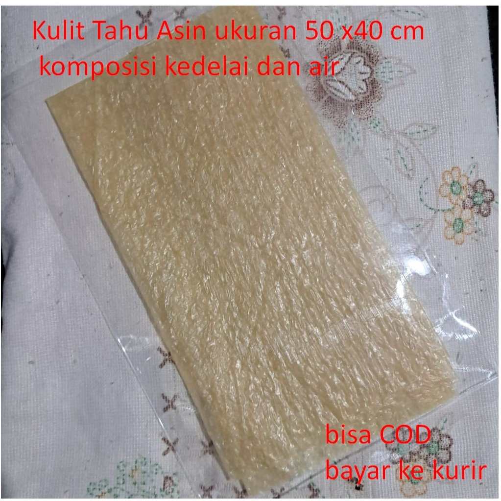 

Kulit tahu asin ukuran 60x40 cm komposisi kedelai dan air aja cocok untuk makanan gohyong siomay dan aneka kreasi makanan lainnya