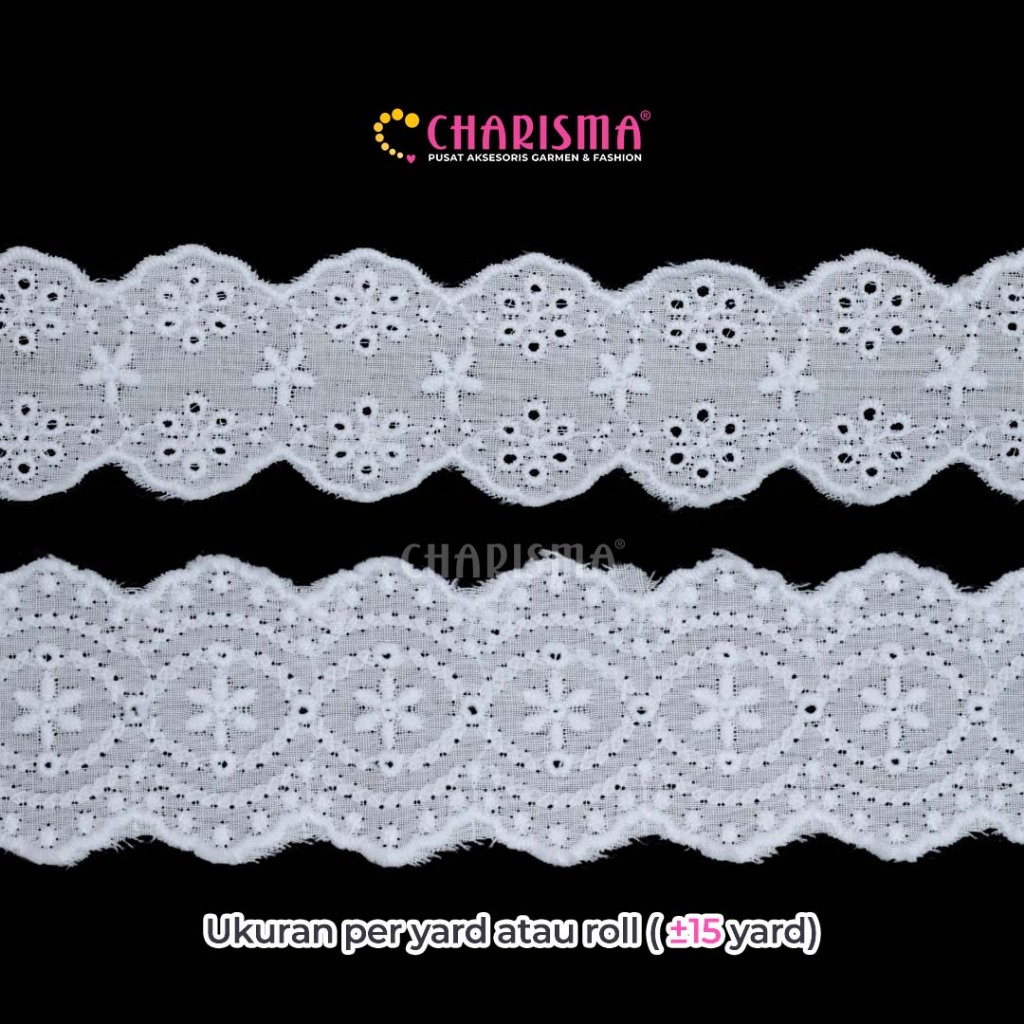 Charisma Renda Katun TL Tengah - Renda Katun Putih / Lebar 4 cm, 5 cm / Harga Per Roll (15 Yard)