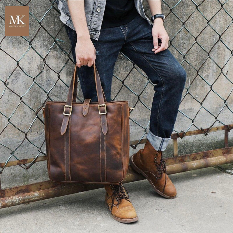 LEATHER TOTE BAG PRIA WANITA FULL KULIT CREZY HORSE VINTAGE TAS TOTE TAS SLEMPANG TAS JINJING MK.011