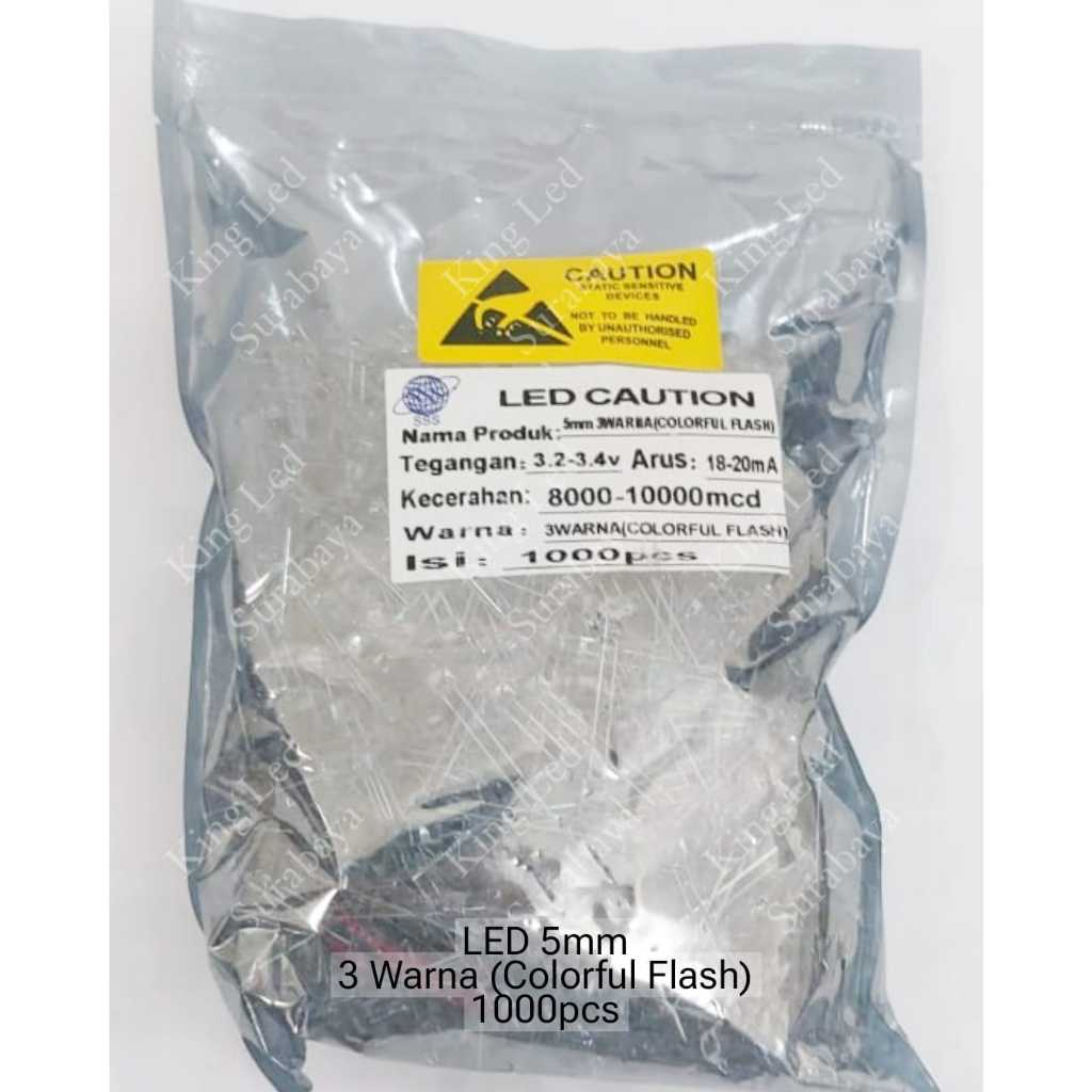 LED 5mm 3Warna Kedip Gantian Body Clear Bening 5 mm Sorot 3 Warna