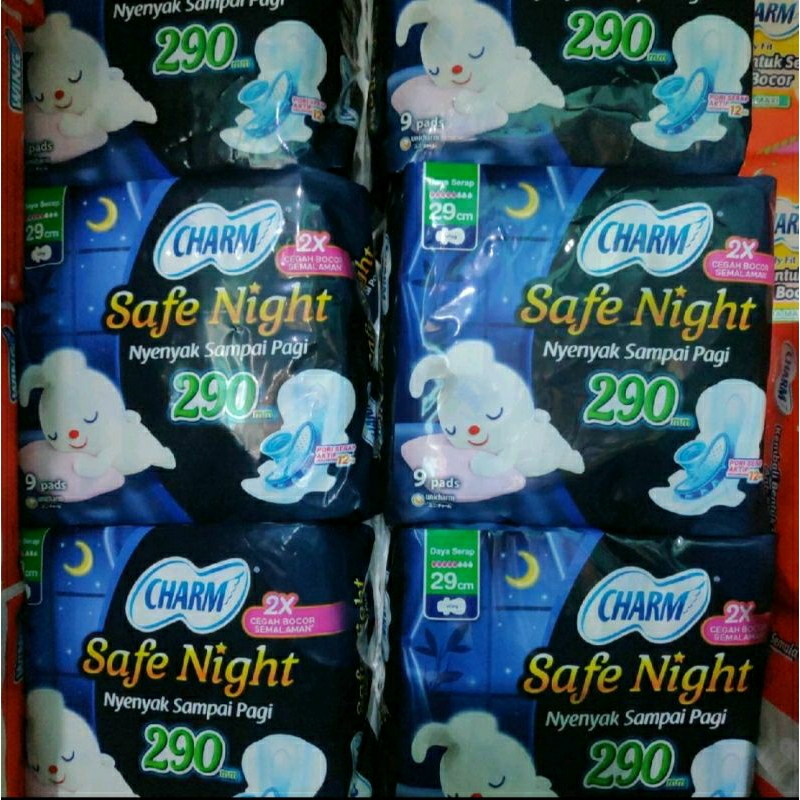 Charm safe night Pembalut wanita 9 pads wings cham 29 cm 290 mm 35 cm 350 mm sachet renceng carm