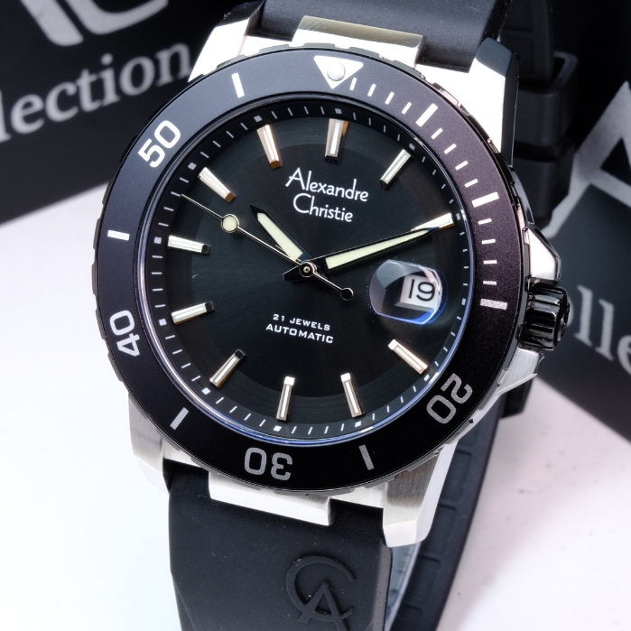 Alexandre Christie Pria Original Warna Silver Black - AC6141 - Mesin Automatic - Rubber Strap