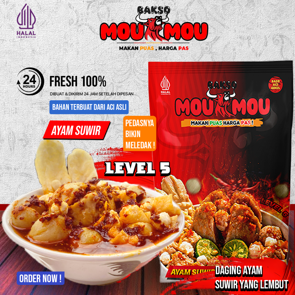 

【Bakso MouMou】Baso Aci Ayam Suwir Varian Pedas Level 5 Boci Halal Makanan Frozen Premium Murah