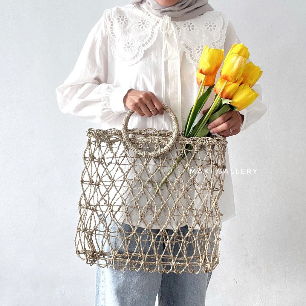 Tas Anyaman Mendong Pandan Keranjang Belanja Hampers Etnik Unik Handle Rotan ELIA by Maki Gallery
