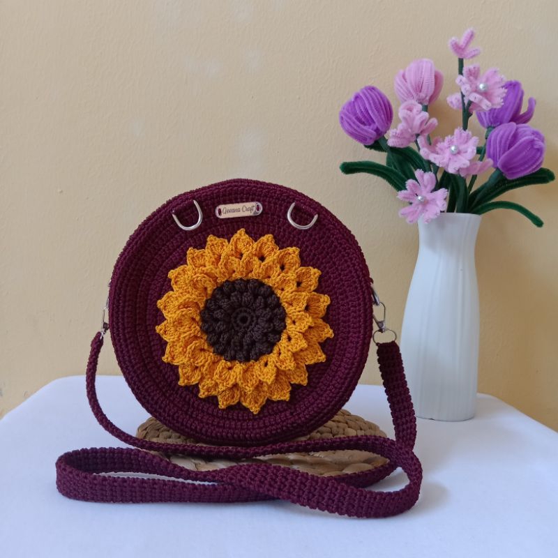 Tas Rajut Bulat Sun Flower | Tas Wanita | Tas Rajut Handmade