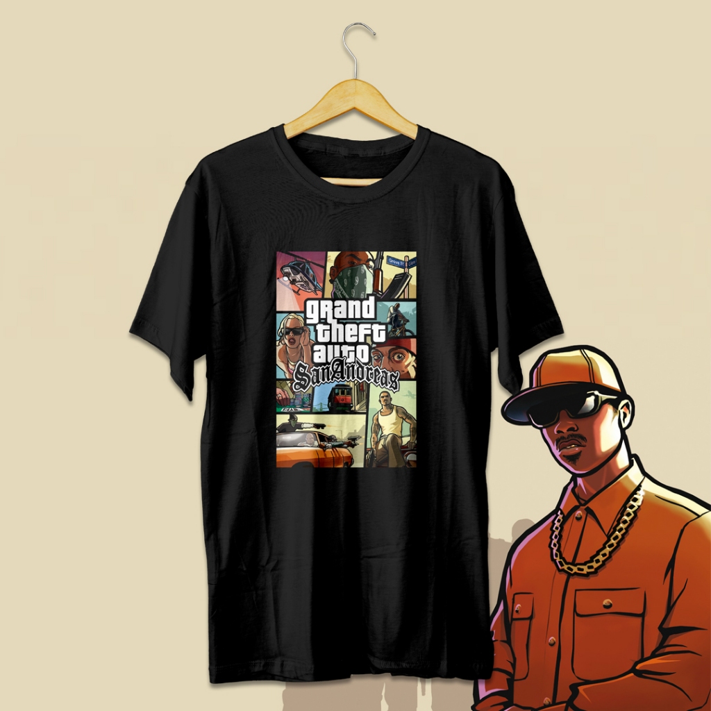Kaos Grand Theft Auto San Andreas Tshirt Game GTA San Andreas Cover Title Merch