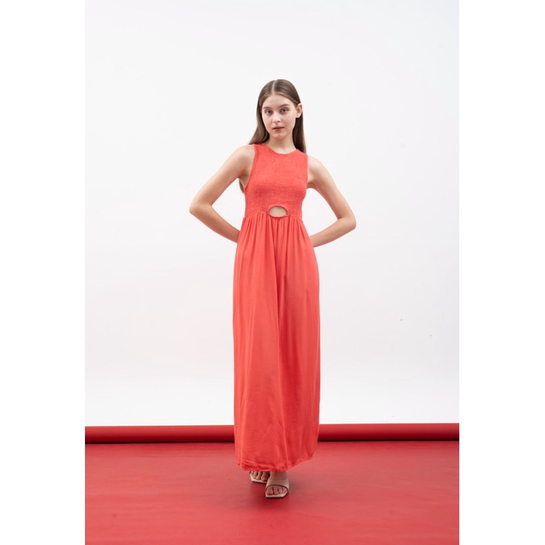KODE Y34J Isabel Smocked Cut Out Maxi Babydool Dress