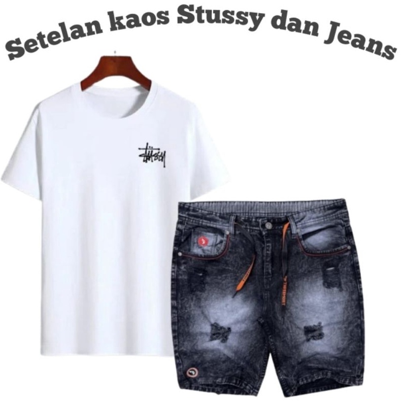 KODE A47D PROMO Terbaru Setelan kaos Stussy Distro dan Celana Sobek Pendek jeans Original Distro cel