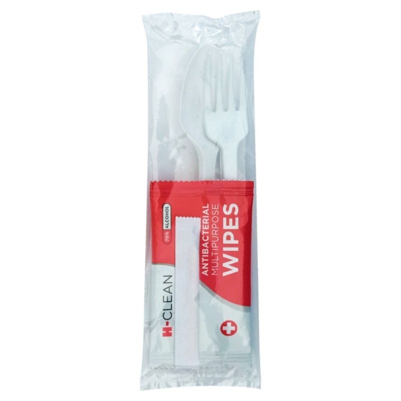 20PCS CUTLERY SET SENDOK GARPU PLASTIK TUSUK GIGI TISSUE BASAH SACHET ANTIBACTERIAL WIPES H-CLEAN IN