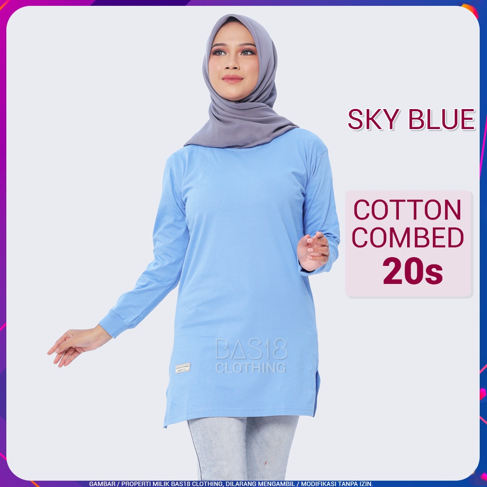 Kaos Atasan Wanita Semi Tunik Midi Polos Tebal Premium Biru Langit Sky Blue Oversize Belah Samping C