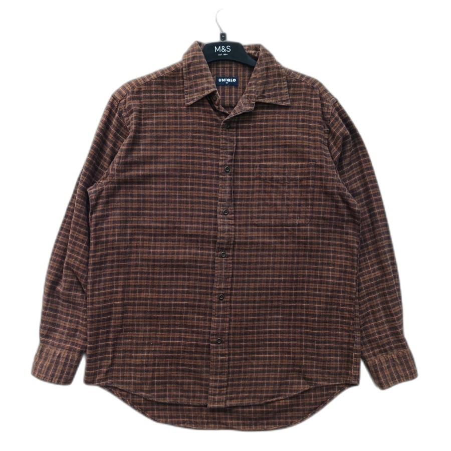 kemeja uniqlo brown plaid check flannel shirt casual