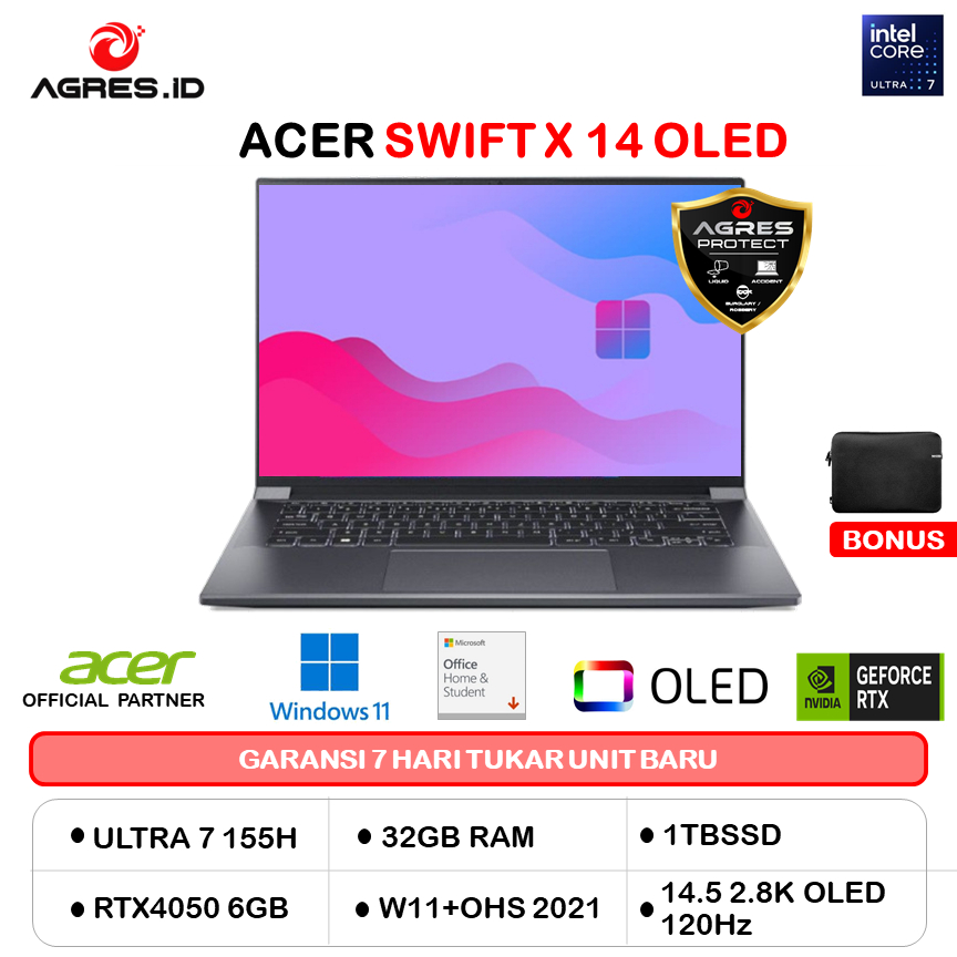 ACER SWIFT X 14 OLED SFX14 ULTRA 7 155H RTX4050 6GB/ 32GB 1TB W11+OHS 14.5 2.8K 120HZ 2Y+ADP -72G.79