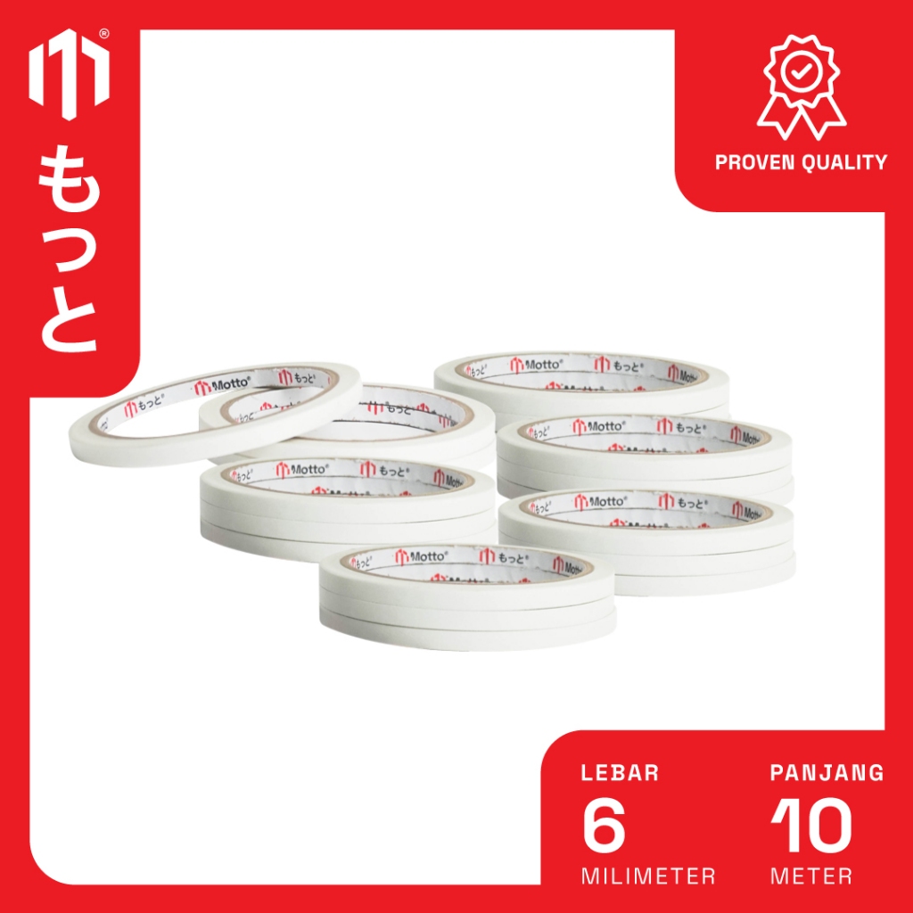 

Double Tape Kertas 6mm x 10 Meter - 1 Slop Isi 24 Pcs/Roll - Motto Tape