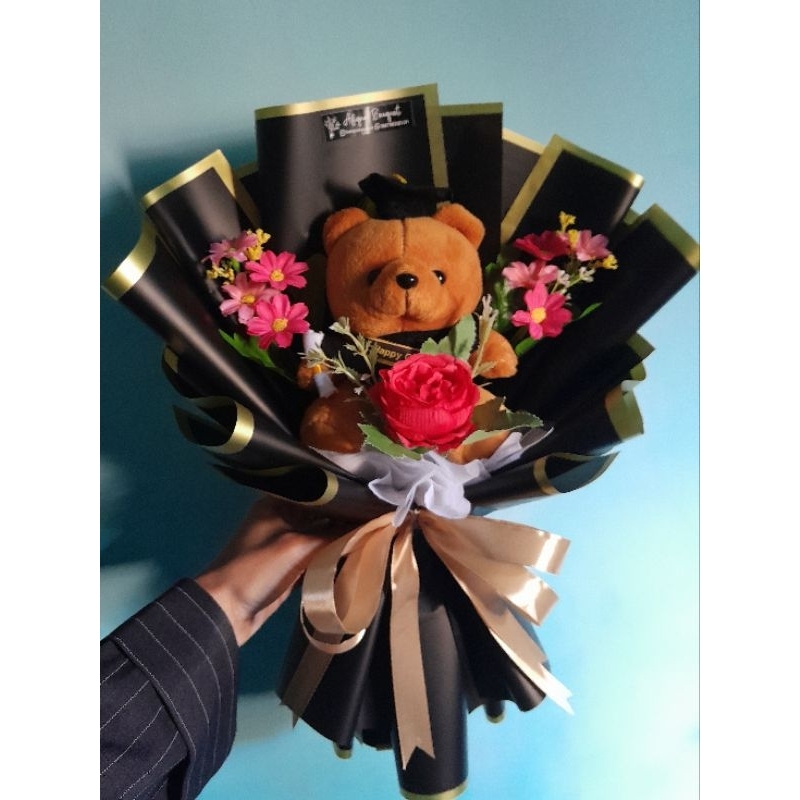 Buket Boneka Wisuda 15 cm + Bunga