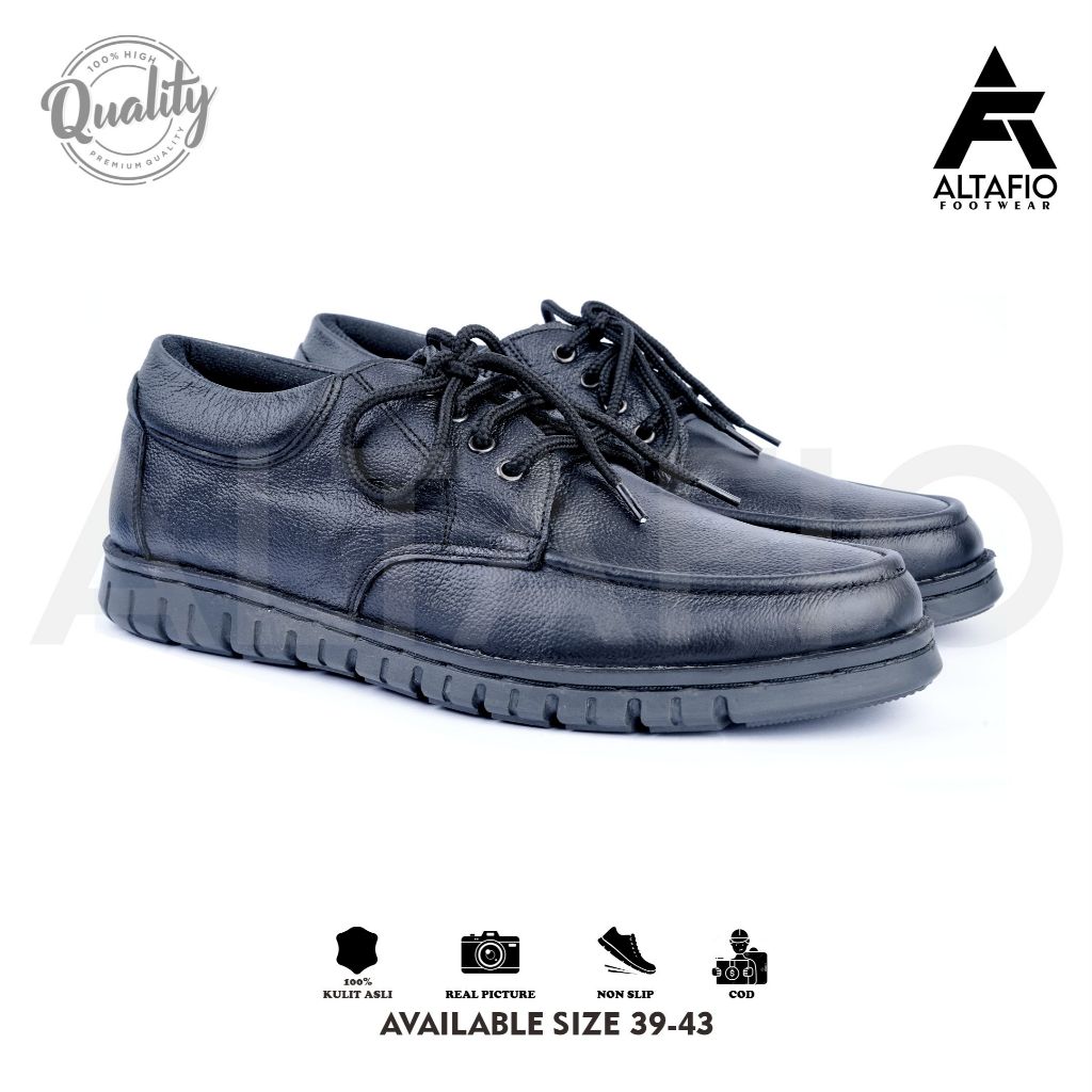 Altafio - Sepatu Pantofel Pria Bahan Kulit Asli Sepatu Kerja Pria Hitam Polos Tali 003