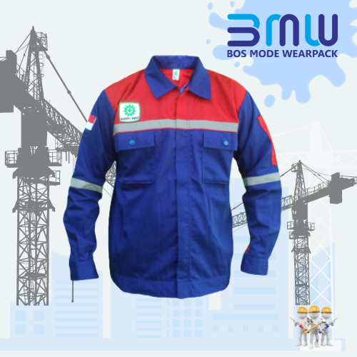 WEARPACK SAFETY/ KEMEJA/KATELPAK/ BAJU PROYEK/ ATASAN SAFETY WARNA BIRU BENHUR MERAH