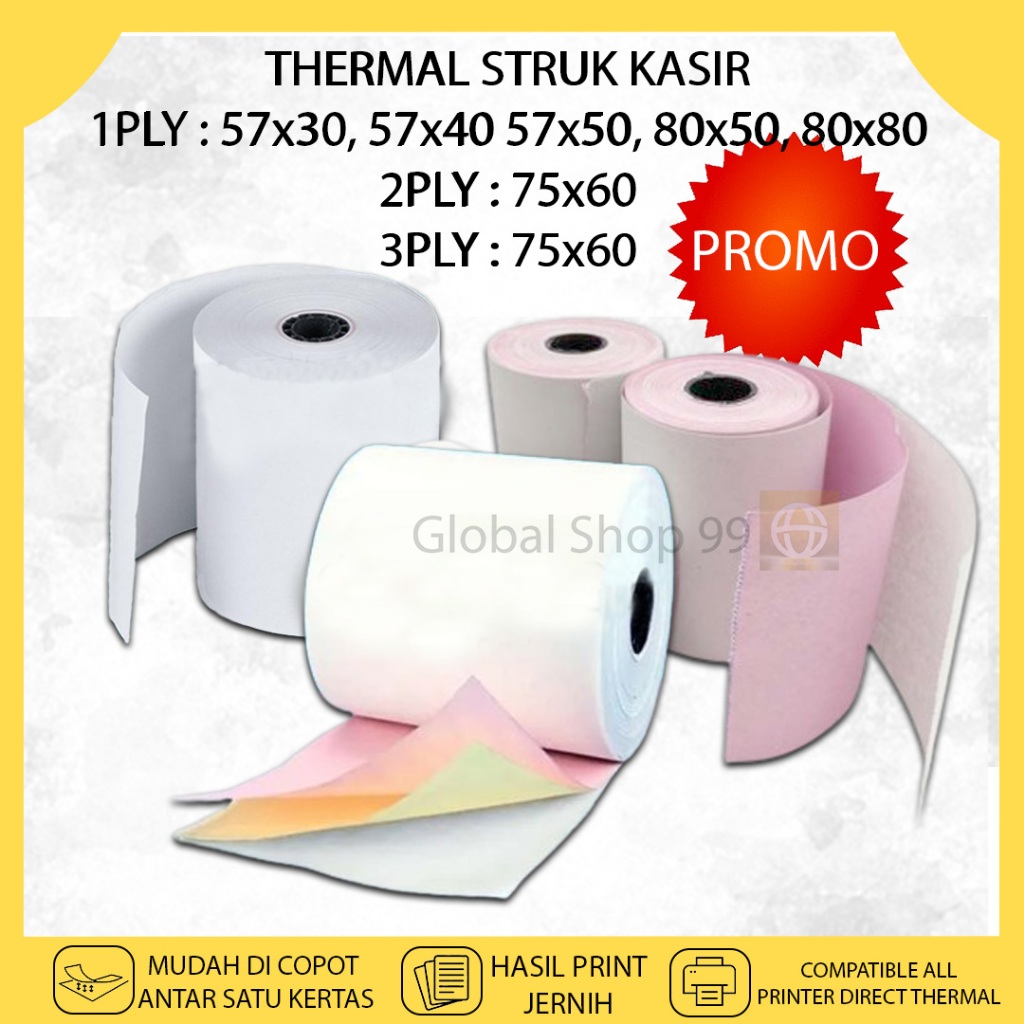 

Kertas Struk Kasir Label HVS 1PLY 2PLY 3PLY 57x30 57X50 80X50 80X80 75X60 80X80 Thermal