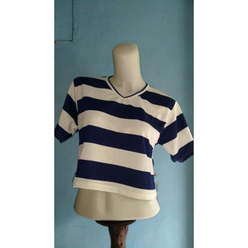 Crop Top kaos wanita garis berwarna