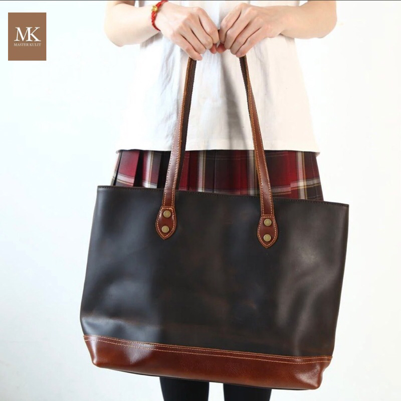 Leather Tote Bag Wanita Full Kulit Asli Garut Kombinasi Trendy Mk.035