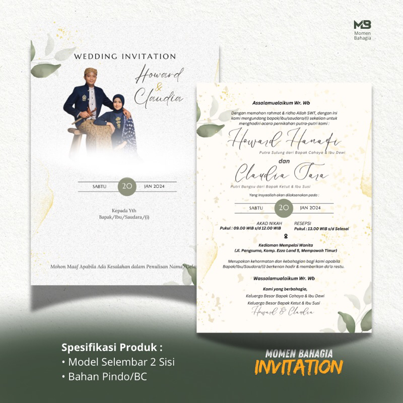 (BEST SELLER) Undangan Pernikahan Brief Card 150gsm Undangan Custom Foto Murah Desain Minimalis Unda