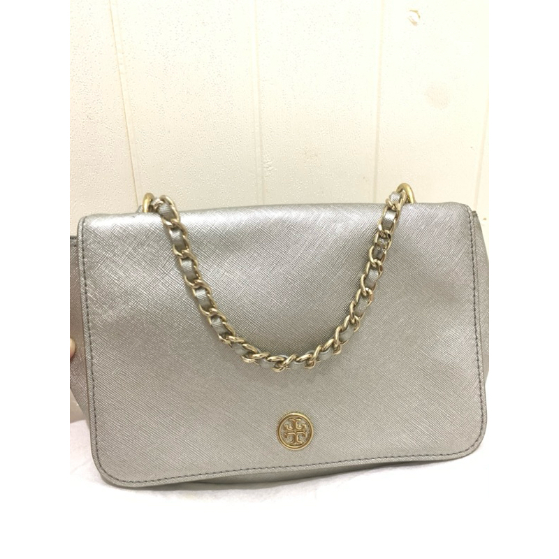 Preloved REPRICE‼️ Tas Tory Burch TB Robinson Silver Metalic Shoulder/ Sling Bag Convertible GHW Bra