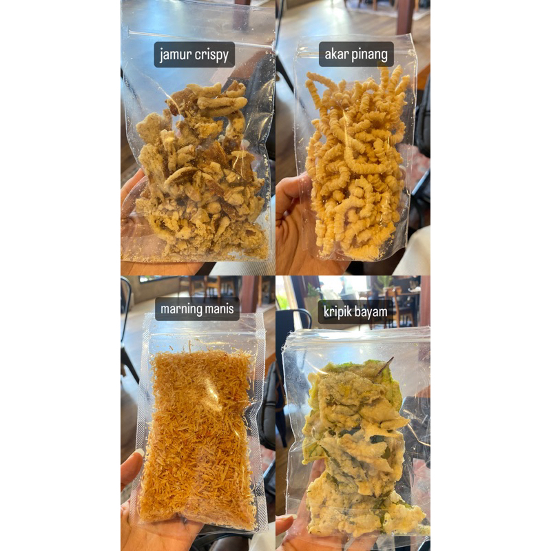 

Jamur Crispy, Akar Pinang, Marning Manis, Kripik Bayam