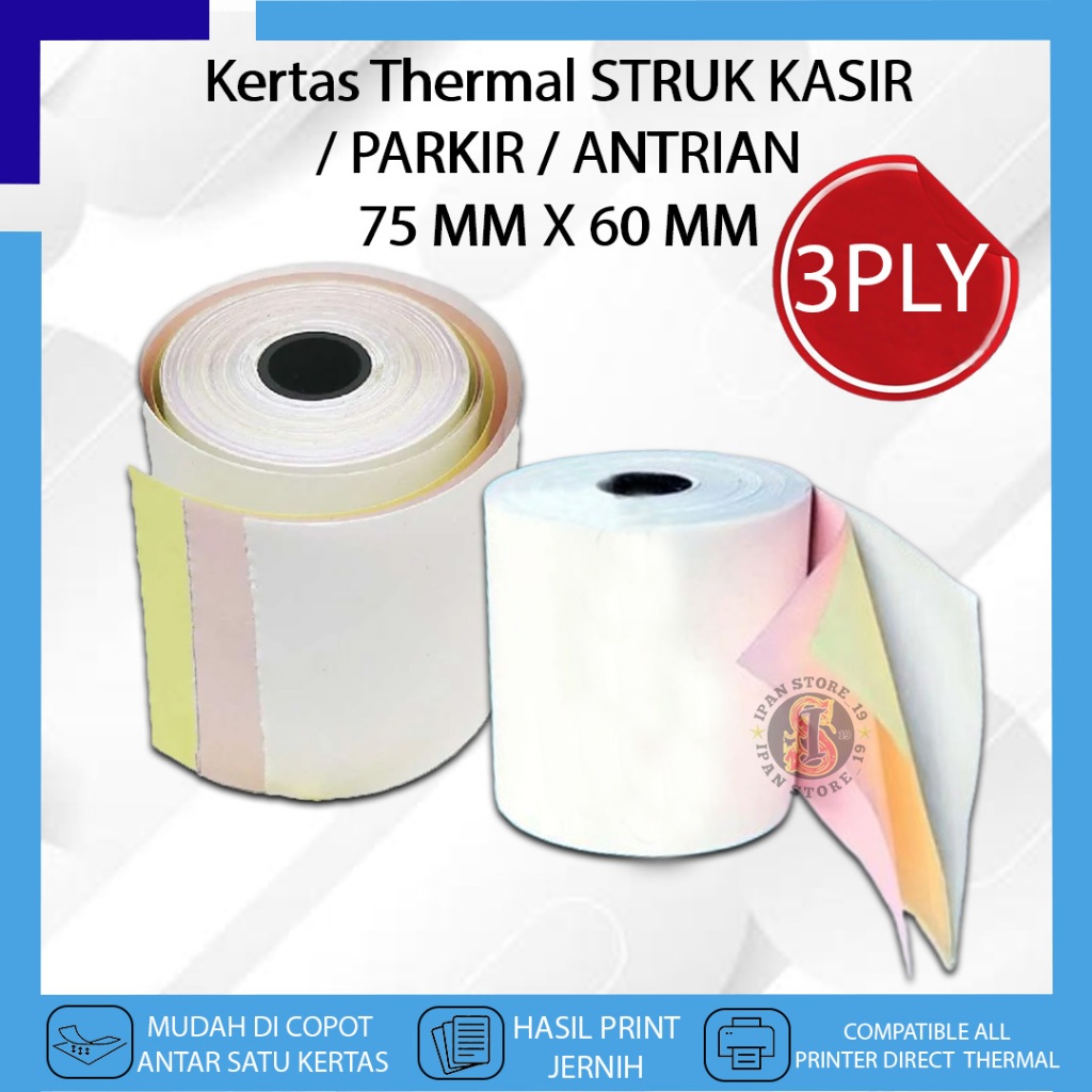 

Kertas Thermal Struk Nota Kasir Belanja 75 X 60 3 PLY LABEL HVS Cetak Bon Toko Parkir Antrian