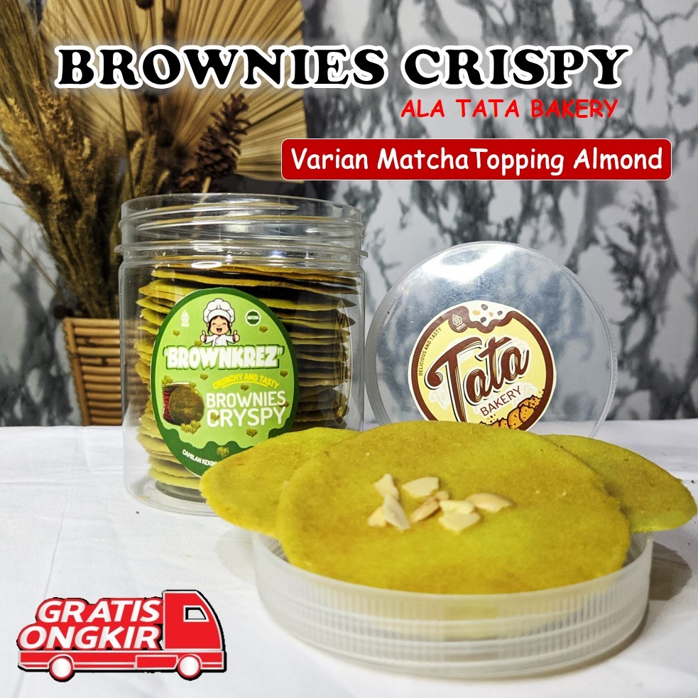 

Kemasan Toples Brownies Crispy Matcha - Keripik Brownis Matcha Topping Almond
