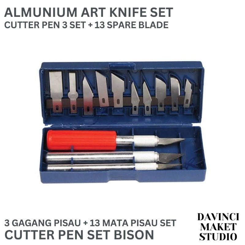 

(Bison) Cutter Pen Almunium Art Knife Pisau Ukir Cutting 3 Set - Pen Knives Knifezer Refill Blade 10pcs