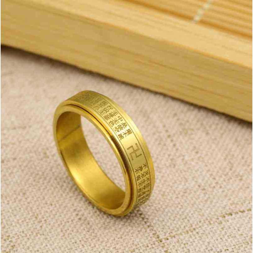 Cincin Tulisan China Sutra Hati Swastika Titanium - Stainless Steel Rotatable Buddhist Ring Buddhist