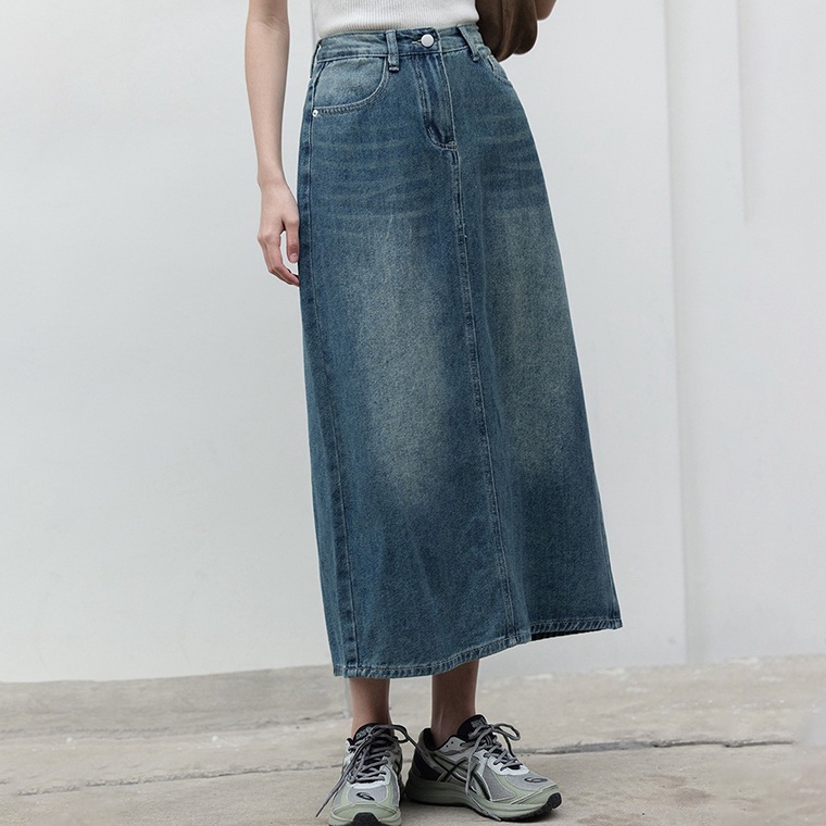 Paling Diminati Rok Jeans Biru Retro Rok midi Aline Highwaist