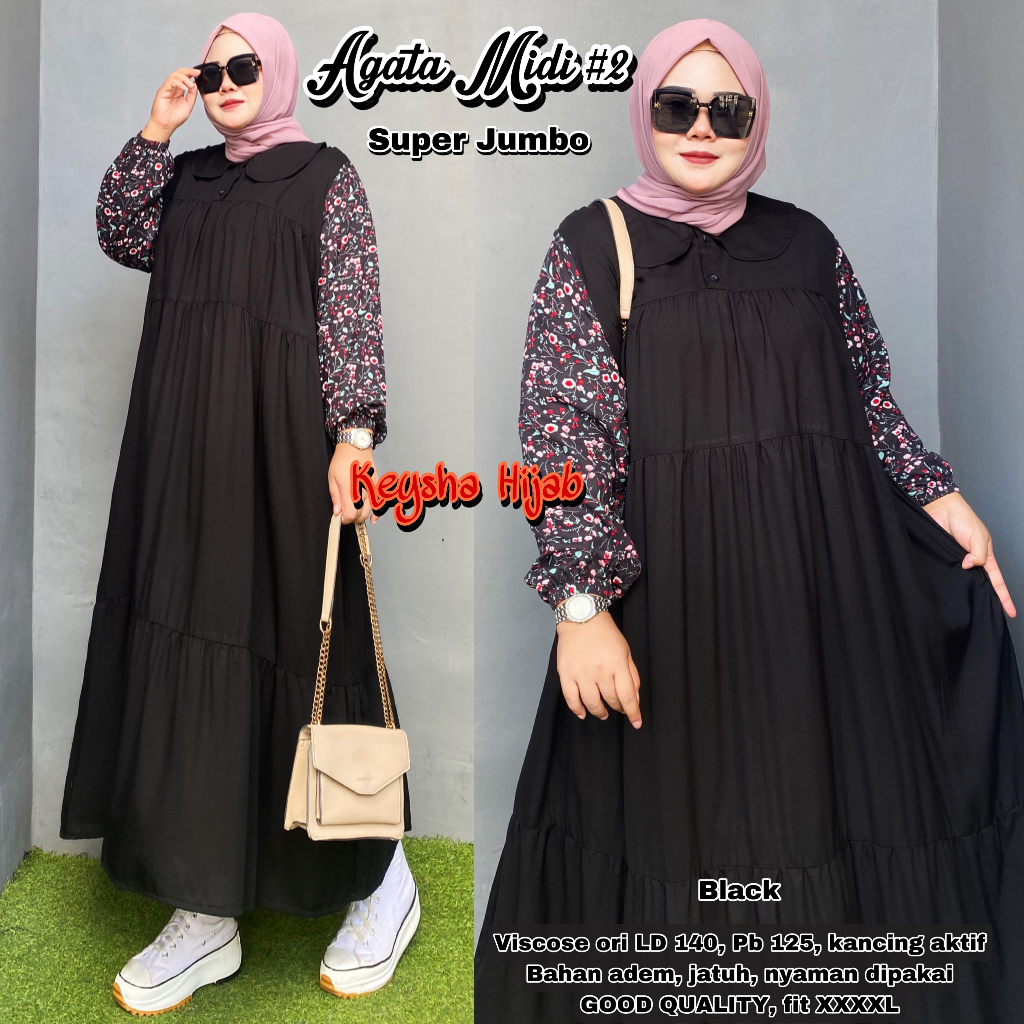 agata midi dress muslim wanita rayon jumbo ld 140 motif polos bunga premium kekinian terbaru 2024