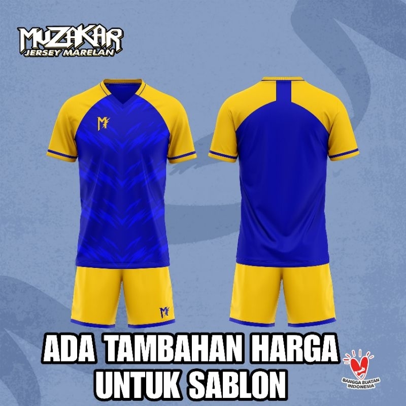 Muzakar Jersey Klasik Baju Futsal Setelan Stelan Jersey Bola Biru Kuning, Bisa Sablon