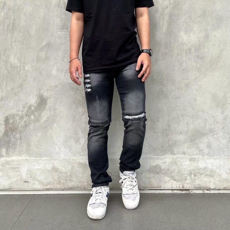 Celana jeans panjang sobek lutut pria  / Celana jeans pria sobek tidak tembus kekinian sobek starboy