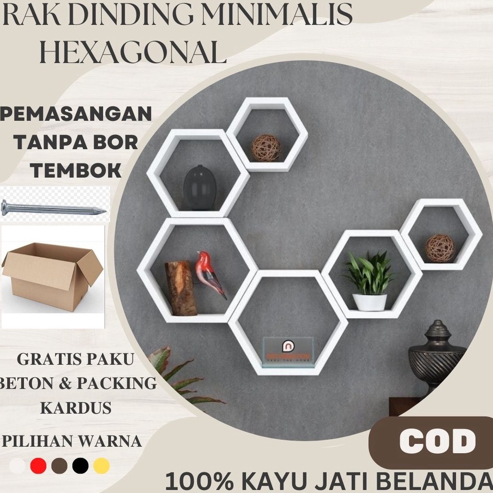 COBAIN YUK Rak Hexagonal Hiasan Dinding Aesthetic Kayu Jati Belanda Pajangan Hiasan Dinding Gantung 