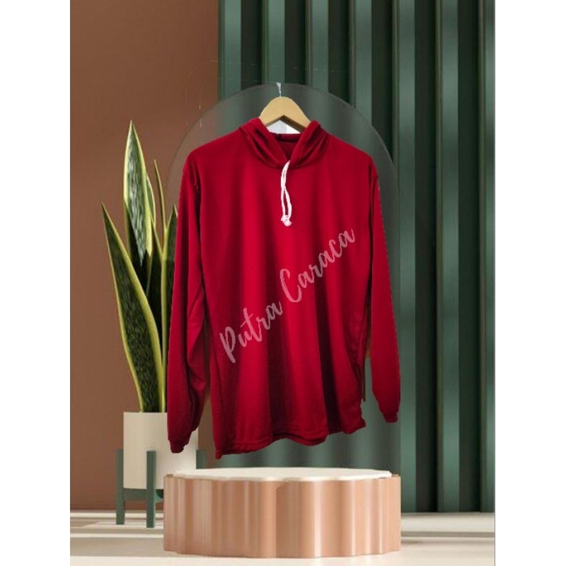 Baju kaos tani Hoodie Atasan merah marun polos pria oversize lengan panjang kupluk hodie pria