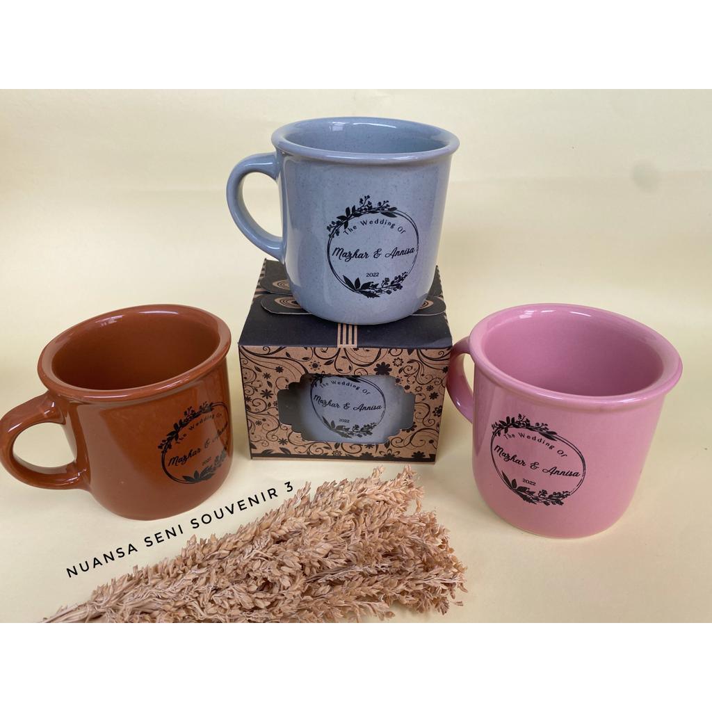 Souvenir Pernikahan Mug Enamel Keramik Warna Gelas Minum Cangkir Gagang Stoneware Sablon Kemas Box