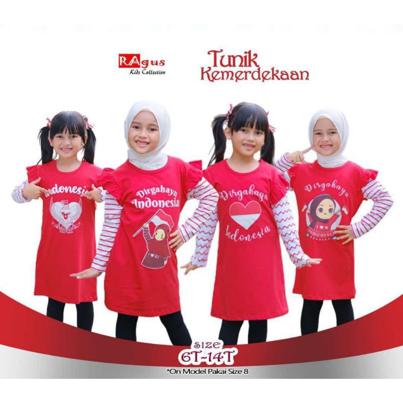 Tunik Kemerdekaan Anak Perempuan Ragus Atasan Kaos Ruffle Merah Putih