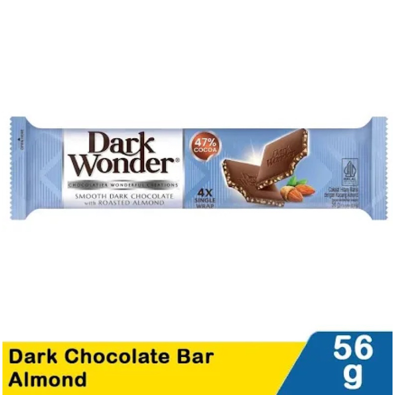 

Dark Wonder Dark Chocolate || Dark Wonder Dark Chocolate Almond 56gram, Cemilan Cokelat Coklat enak