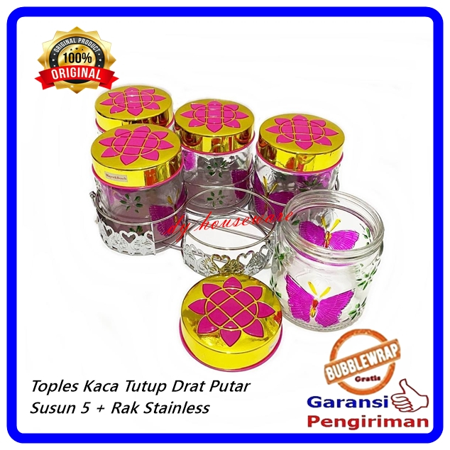 Toples Set Kaca Tempat Makanan Snack Permen Susun 5 + Rak Stainless Toples 5 Susun
