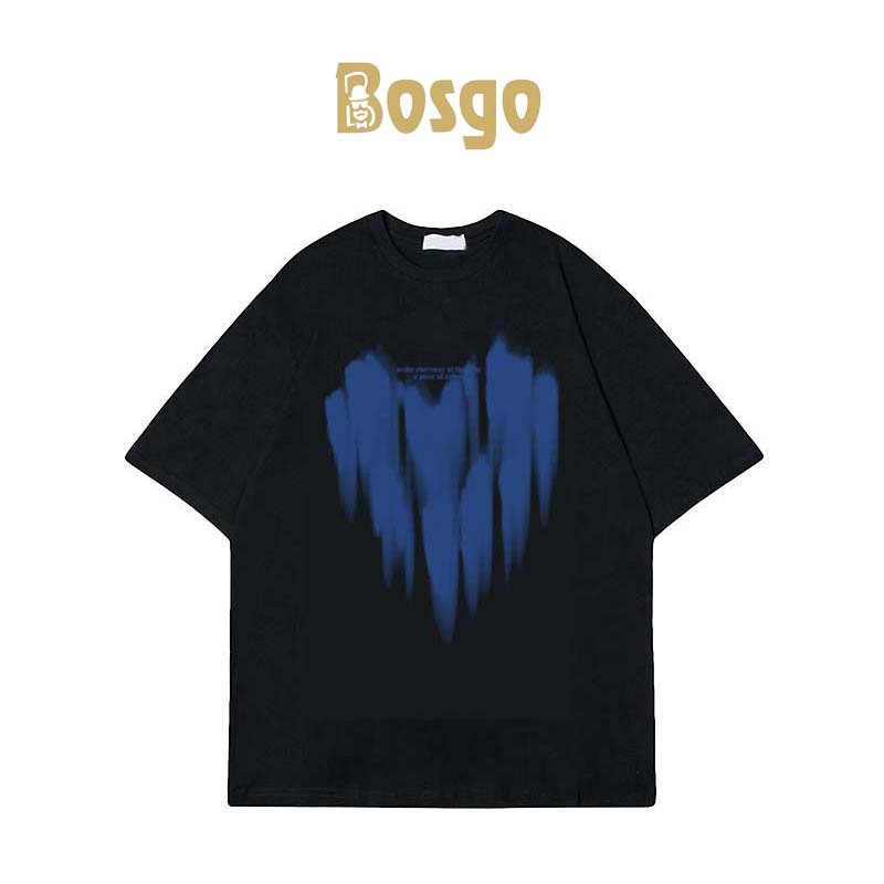 Bosgo Kaos T-shirt Korean Style Blue Heart Oversize T-shirt Kaos Hitam Pria Wanita Cotton 24S