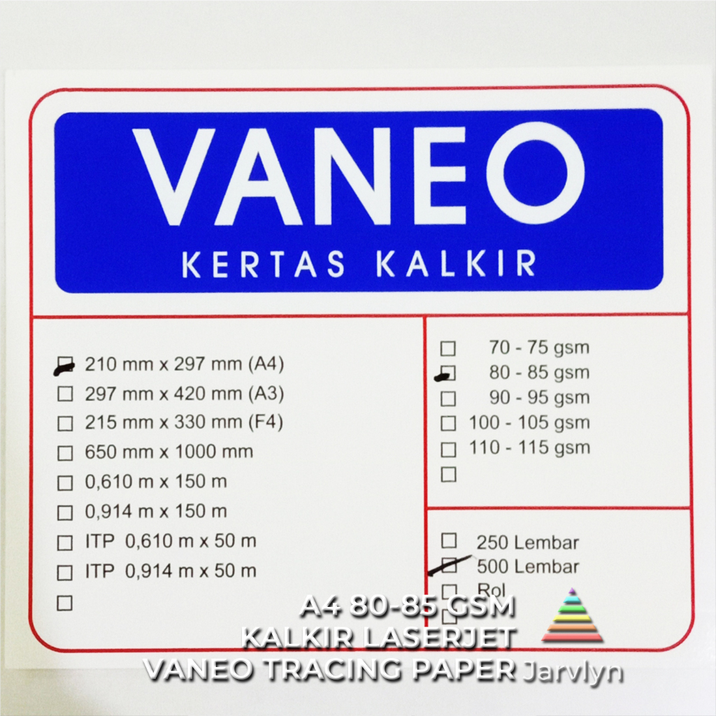 

JARVLYN - VANEO KERTAS KALKIR A4 80/85 GSM LASERJET TRACING PAPER GAMBAR ARSITEK FILM SABLON STENCIL