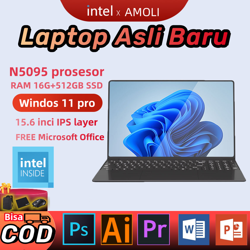 AMOLI Baru Laptop 15.6" Intel N5095 Silver/Pink Ram 16+512GB SSD WINDOWS11 PRO+Office IPS Layer