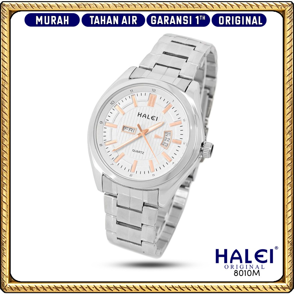 Halei Watch 8010 M - Jam Tangan Halei Pria Rantai Stainless Tanggal Hari Aktif Analog Kekinian - Tah