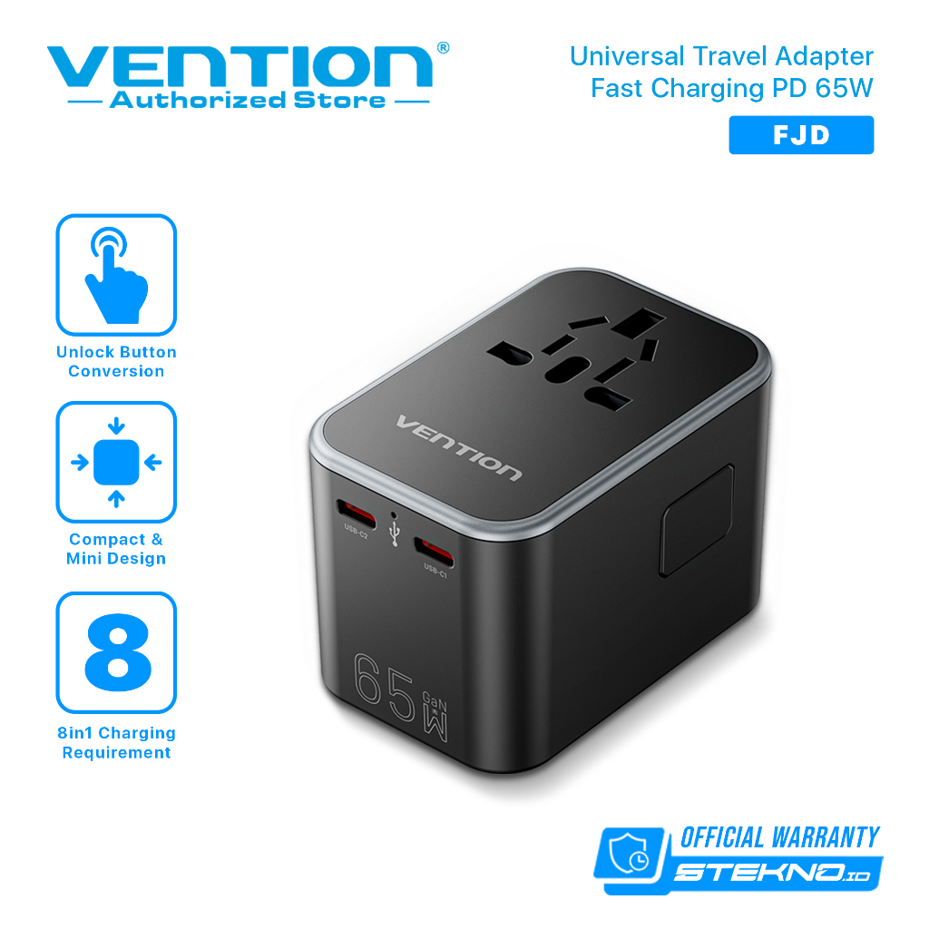 Vention Travel Adaptor Kepala Charger Universal USB A Type C EU UK AU USA Fast Charging