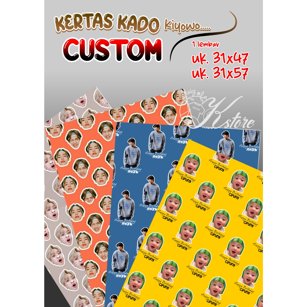 

JUAL KERTAS KADO CUSTOM kiyowo (1 lembar A3super) pakai foto sendiri dan tambah tulisan/idol bias kpop bts/gift viral