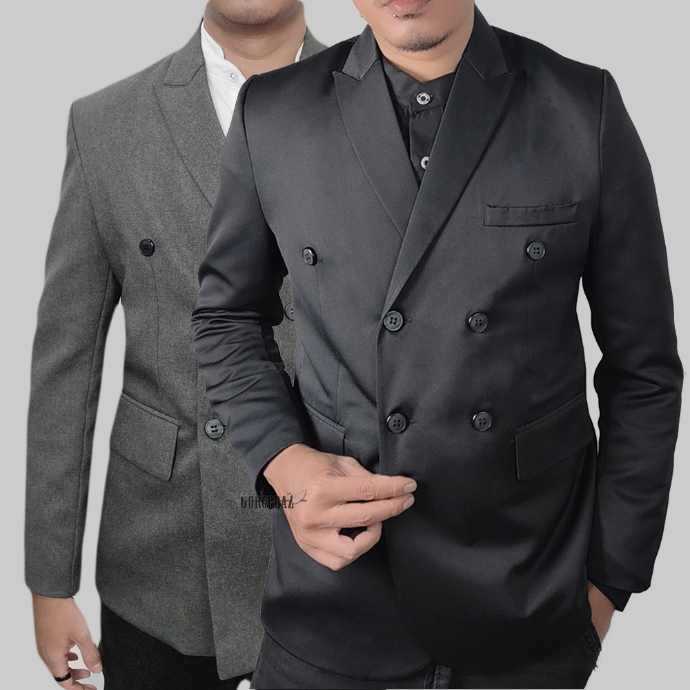 jas blazer pria tuxedo abu tua dan hitam semiwool double breasted slimfit